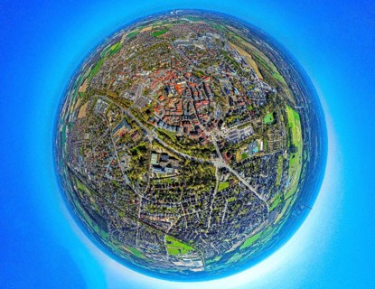 Aerial view, residential area, view of town centre, earth globe, fisheye shot, fisheye shot, 360