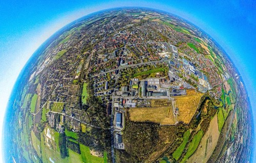 Aerial view, former. Werne colliery shaft 1/2, brownfield area Flöz-Zollverein-Straße, globe,