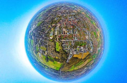 Aerial view, residential area local view Werne-Stockum, earth globe, fisheye shot, fisheye shot,