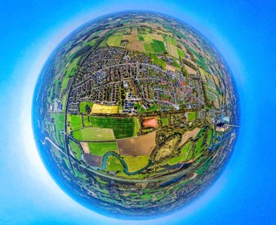 Aerial view, residential area local view Werne-Stockum, earth globe, fisheye shot, fisheye shot,