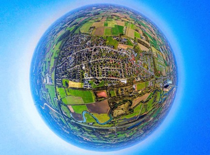 Aerial view, residential area local view Werne-Stockum, earth globe, fisheye shot, fisheye shot,
