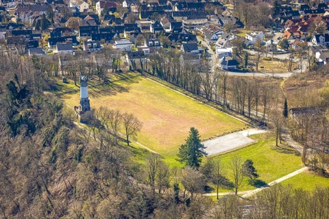 Aerial view, Harkort tower and sports field, viewing platform, Wetter, Ruhr area, North