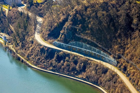 Aerial view, beach path - hiking trail and cycle path at the Harkortsee, catchment grid on the