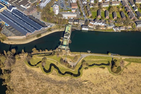 Aerial view, Harkort Weir power station with fish ladder at the Obergraben, HSOS Industrial