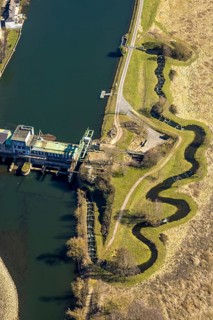 Aerial view, Harkort Weir power station with fish ladder at the Obergraben, Wetter, Ruhr area,