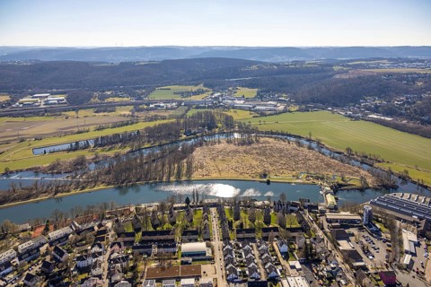 Aerial view, residential area Ringstraße am Obergraben and river Ruhr with community waterworks