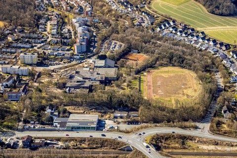 Aerial view, Geschwister-Scholl-Gymnasium and indoor swimming pool, sports facility and tennis