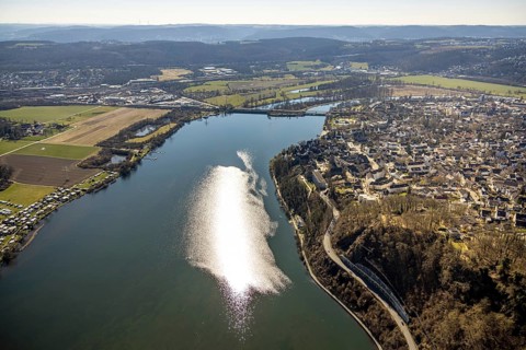 Aerial view, Harkortsee with sun reflection and view to the Obergrabenbrücke, on the right Wetter