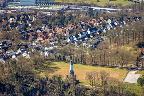 Aerial view, Harkortturm and sports field, viewing platform, view to the housing estate