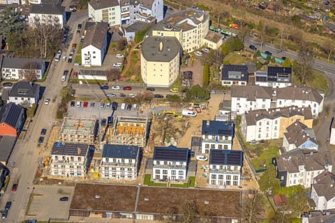 Aerial view, construction site with new residential buildings on Steinstraße, behind senior