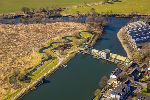 Aerial view, Harkort Weir power station with fish ladder at the Obergraben, Wetter, Ruhr area,