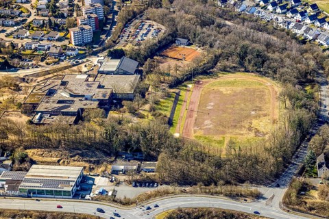 Aerial view, Geschwister-Scholl-Gymnasium and indoor swimming pool, sports facility and tennis