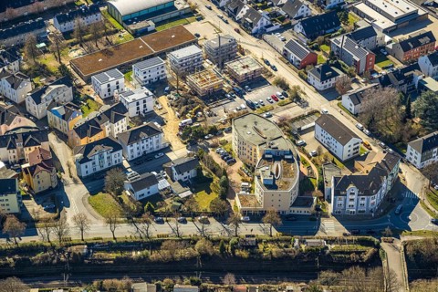 Aerial view, construction site with new residential buildings on Steinstraße, Seniorenresidenz