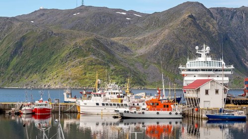 Ship MS Polarlys in the harbour of Honningsvåg, Finnmark, Norway, Scandinavia, Europe, adventure