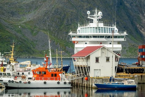 Ship MS Polarlys in the harbour of Honningsvåg, Finnmark, Norway, Scandinavia, Europe, adventure