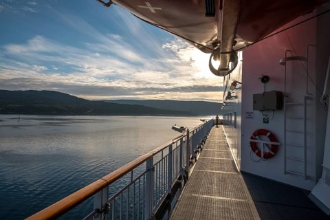 Ship railing in the evening light, Mehamn, Finnmark, Norway, Scandinavia, Europe, adventure travel,