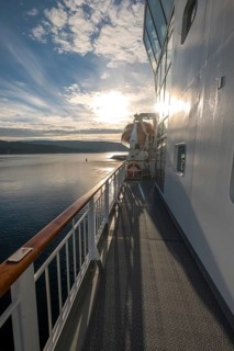 Ship railing in the evening light, Mehamn, Finnmark, Norway, Scandinavia, Europe, adventure travel,