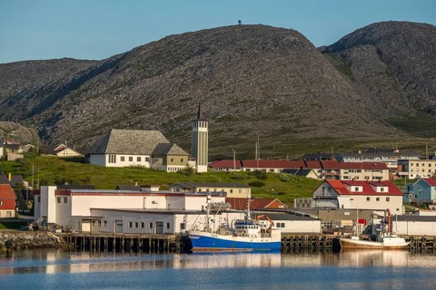 Town view and harbour, Mehamn Church, Mehamn, Finnmark, Norway, Scandinavia, Europe, adventure