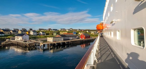 Ship railing and town view, Mehamn, Finnmark, Norway, Scandinavia, Europe, adventure travel,