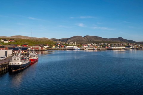 Town view and harbour, Mehamn Church, Mehamn, Finnmark, Norway, Scandinavia, Europe, adventure
