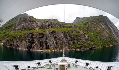 Cruise in a fjord, ship bow, Digermulen, Nordland, Norway, Scandinavia, Europe, adventure trip,