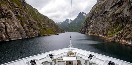 Cruise in a fjord, ship bow, Digermulen, Nordland, Norway, Scandinavia, Europe, adventure trip,