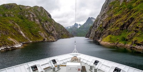 Cruise in a fjord, ship bow, Digermulen, Nordland, Norway, Scandinavia, Europe, adventure trip,