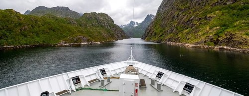 Cruise in a fjord, ship bow, Digermulen, Nordland, Norway, Scandinavia, Europe, adventure trip,