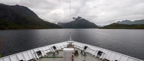 Cruise in a fjord, ship bow, Digermulen, Nordland, Norway, Scandinavia, Europe, adventure trip,