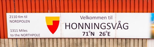 Place name sign Welcome with GPS data, Havøysund, Finnmark, Norway, Scandinavia, Europe, adventure