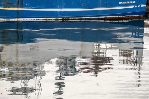 Ship bow with reflection, Honningsvåg, Finnmark, Norway, Scandinavia, Europe, adventure travel,