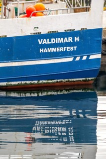 Ship bow with reflection, Honningsvåg, Finnmark, Norway, Scandinavia, Europe, adventure travel,