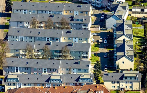 Aerial view, multi-family house, Taubenweg housing estate, Werne, Ruhr area, North