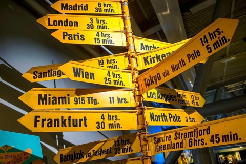 Norsk Luftfahrtmuseum, signpost Miami, Frankfurt, Bodø, Nordland, Norway, Scandinavia, Europe,