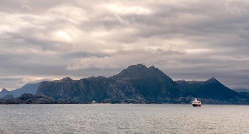 Ship MS Kong Harald, mountain range, Bolga, Nordland, Norway, Scandinavia, Europe, adventure trip,