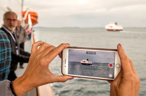 Ship MS Kong Harald, mobile phone photography, ship filming, Bolga, Nordland, Norway, Scandinavia,