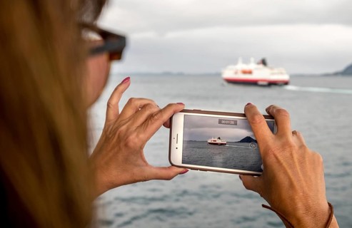 Ship MS Kong Harald, mobile phone photography, ship filming, Bolga, Nordland, Norway, Scandinavia,