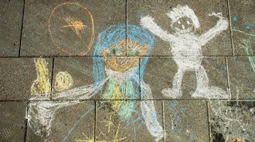 Street painting, chalk paintings on pavement, children's picture, pavement painting, Trondheim,