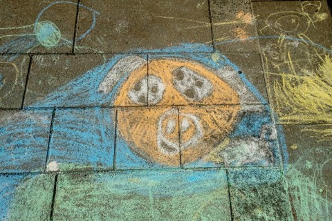 Street painting, chalk paintings on pavement, children's picture, pavement painting, Trondheim,