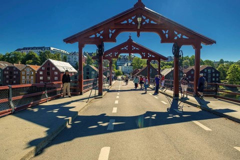 Gamle Bybro, historic bridge with red portals, Trondheim, Trøndelag, Norway, Scandinavia, Europe,