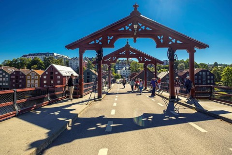 Gamle Bybro, historic bridge with red portals, Trondheim, Trøndelag, Norway, Scandinavia, Europe,