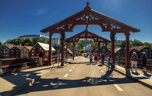 Gamle Bybro, historic bridge with red portals, Trondheim, Trøndelag, Norway, Scandinavia, Europe,
