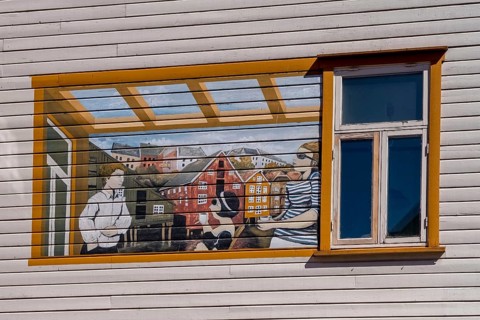 Painting on house facade, window, Trondheim, Trøndelag, Norway, Scandinavia, Europe, adventure