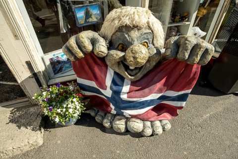 Troll figure with Norwegian flag, Trondheim, Trøndelag, Norway, Scandinavia, Europe, adventure