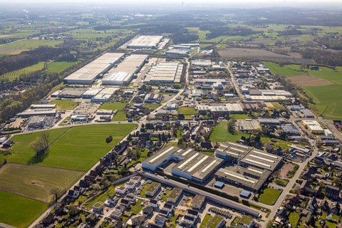 Aerial view, industrial estate West in Werne with Amazon Logistics, Imperial Industrial Logistics