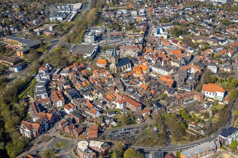 Aerial view, St. Christophorus Church and historic town hall on the market square in the old town,