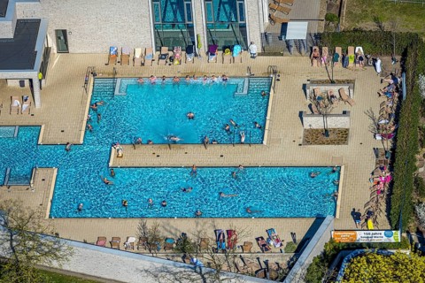 Aerial view, saltwater pool, outdoor swimming pool and bathers, sun loungers, Werne, Ruhr area,
