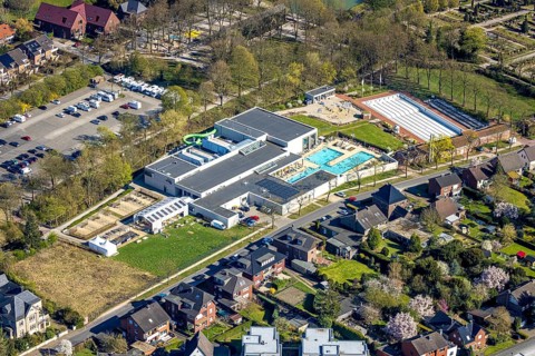 Aerial view, saltwater pool, outdoor swimming pool and bathers, sun loungers, Werne, Ruhr area,