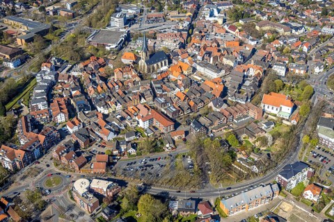 Aerial view, St. Christophorus Church and historic town hall on the market square in the old town,