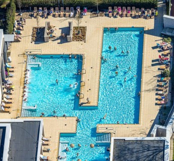 Aerial view, saltwater pool, outdoor swimming pool and bathers, sun loungers, Werne, Ruhr area,